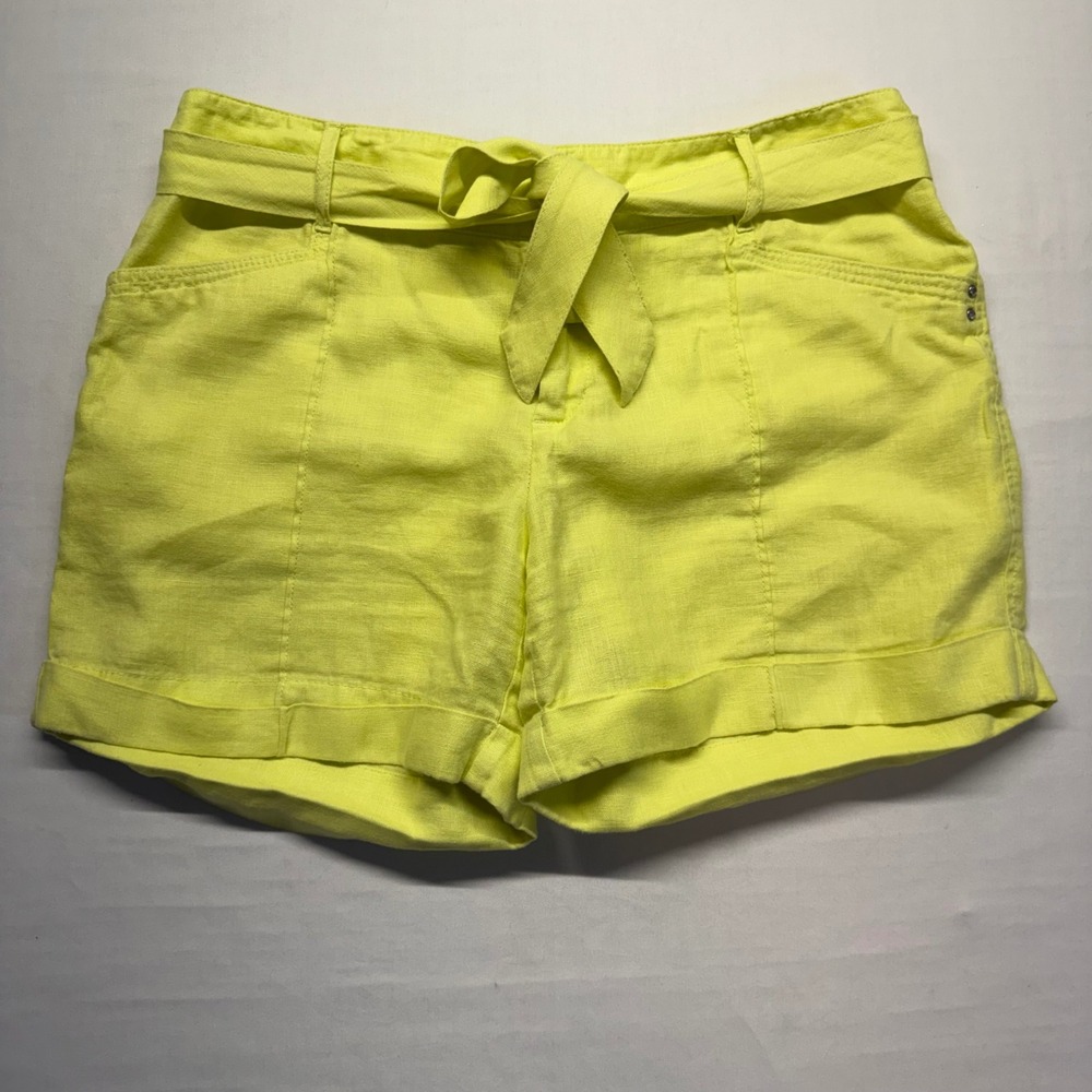 100% Linen Neon Citron Resort Shorts Cuffed Coastal Summer Size 10 Cuffed Hem